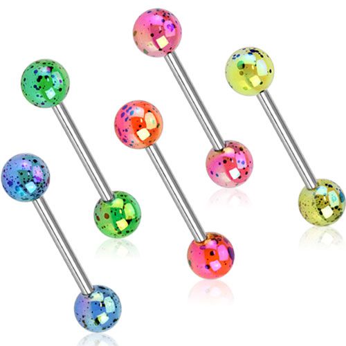 Tongue barbell with metallic look and splashes