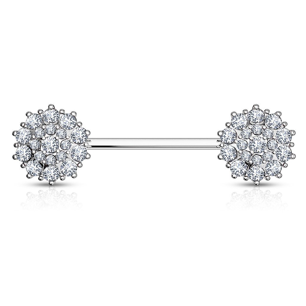 Nipple barbell made of 14k gold with studded flower