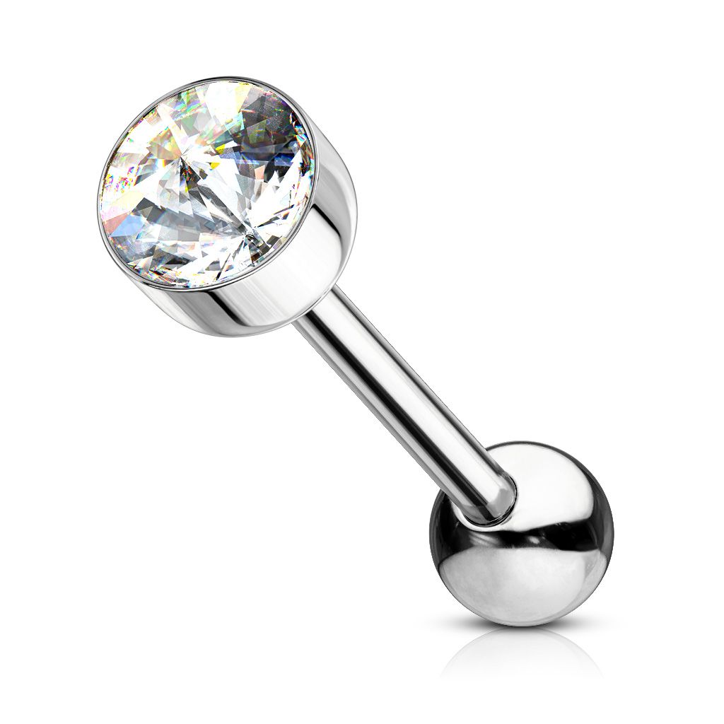 Tongue barbell with bezel-set gem on top