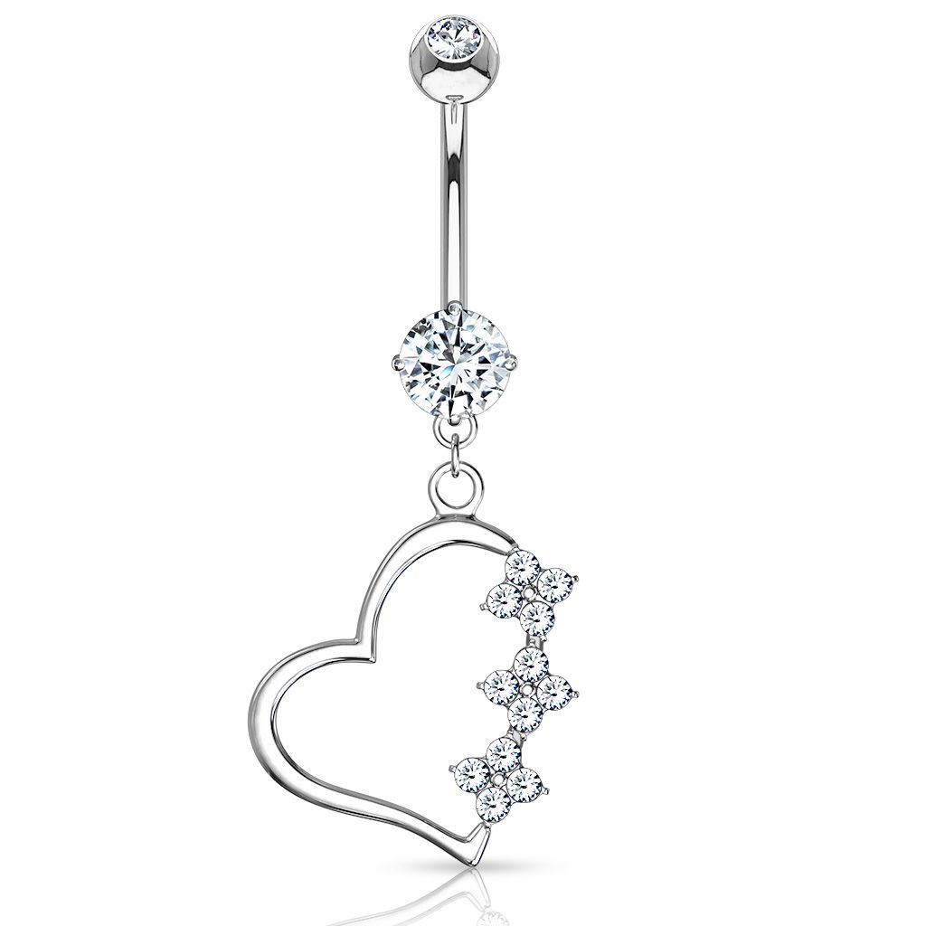 Belly ring made of 14k gold with heart dangle and perched flowers
