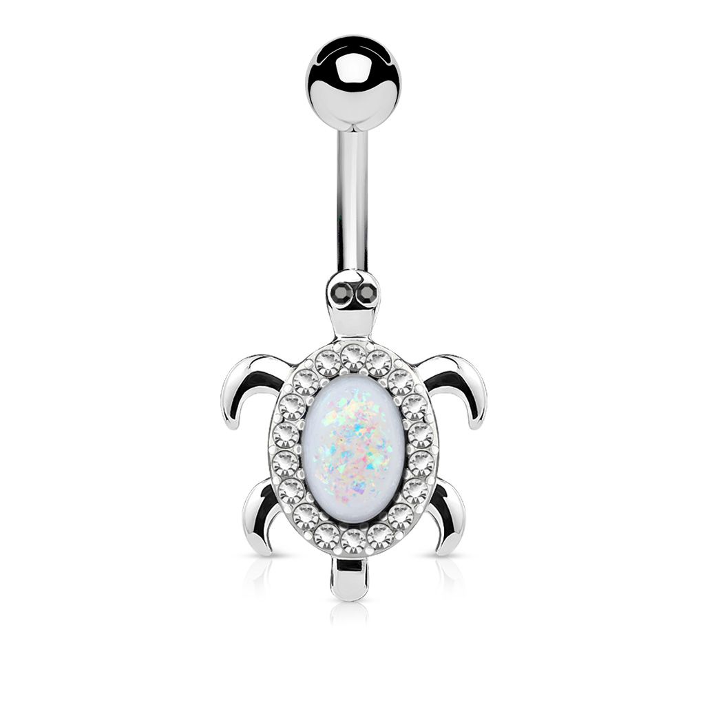 Belly button ring with turtle charm and opal stone shell