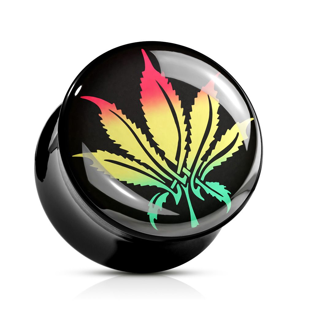 Plug made of acrylic with cannabis leaf in rasta colors
