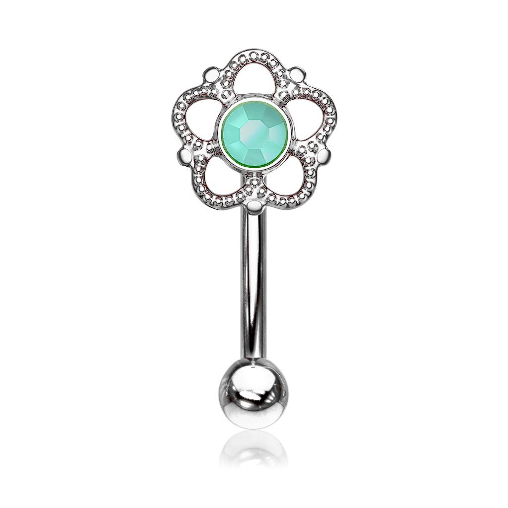 Curved barbell with flower top and turquoise center