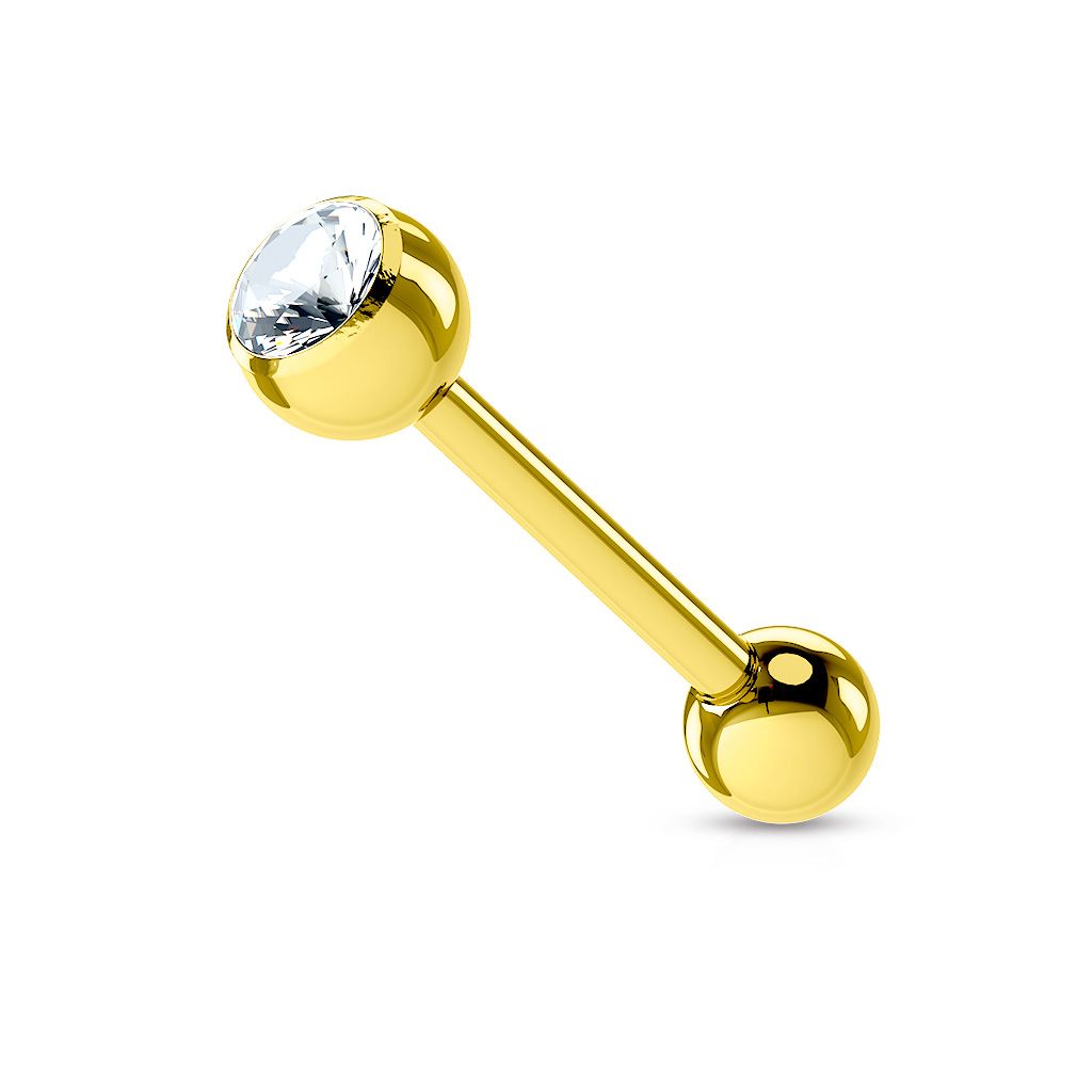 Tongue barbell gold-plated with bezel-set stone in your choice of color