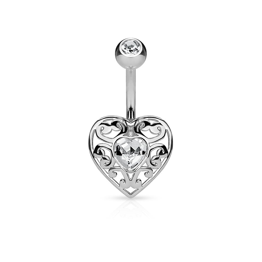 Belly button ring with charm and stone heart-shaped