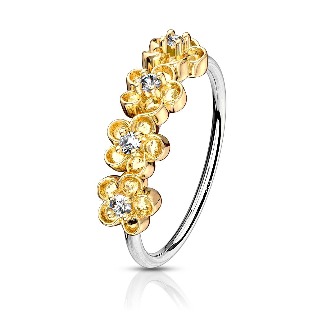 Ring with four flowers on the side with stones