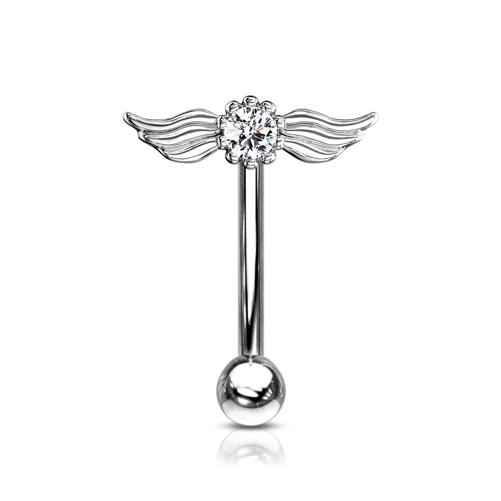 Curved barbell with angel wings and a round stone