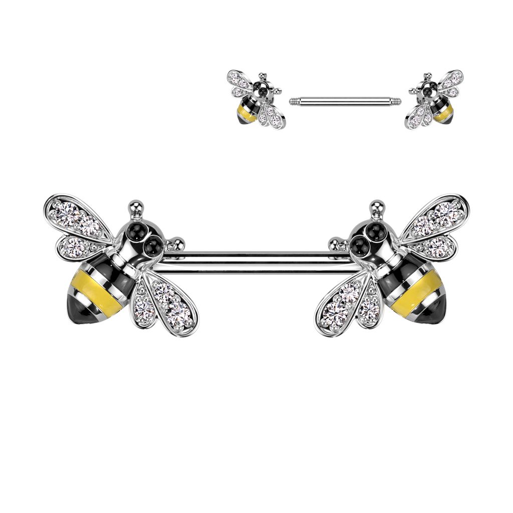 Nipple barbell with bumble bees on the ends