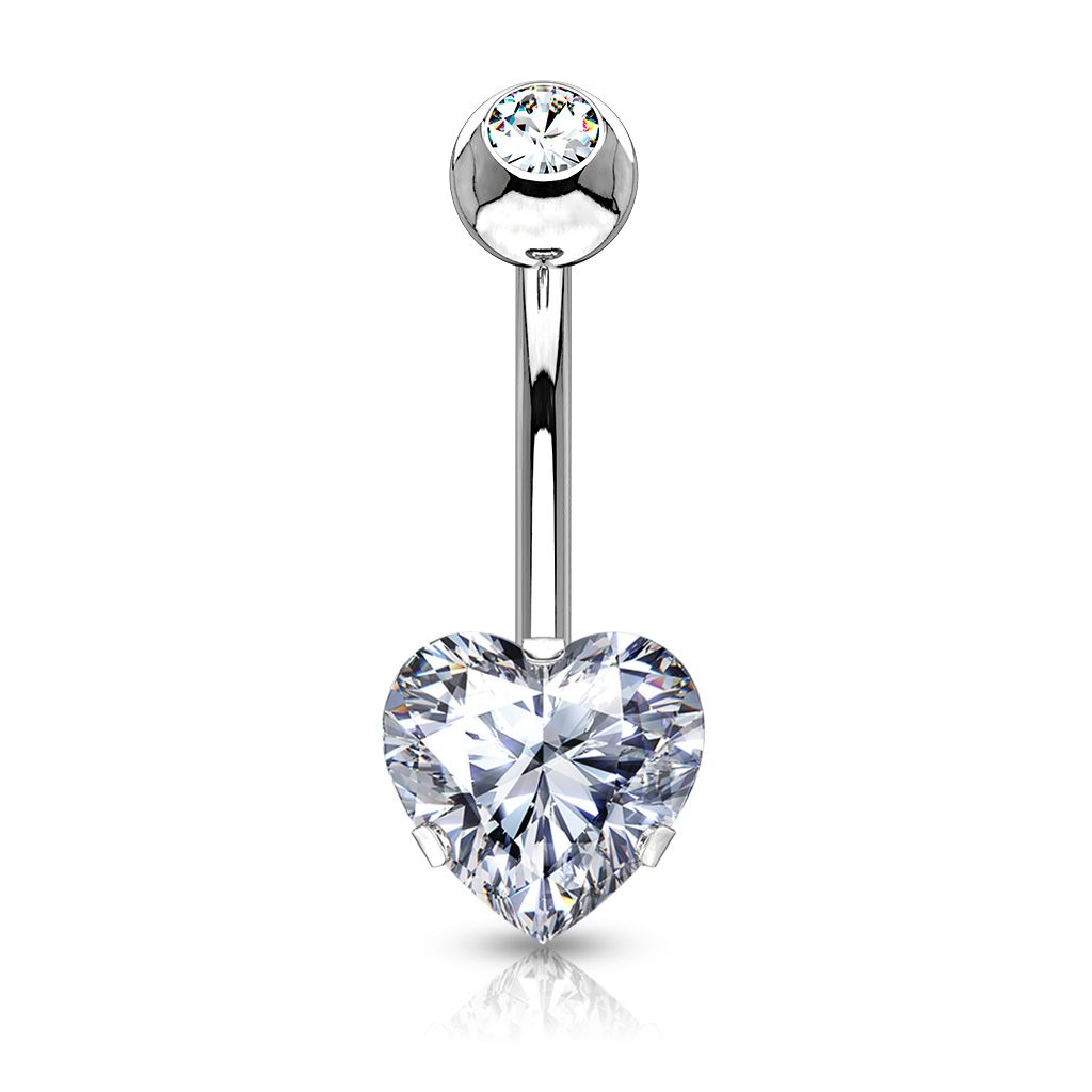 Belly button ring with bottom heart-shaped gem