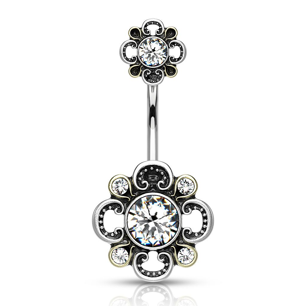 Belly button ring with filigree flower of hollow studded leaves