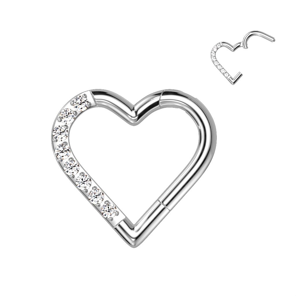 Hinged CZ paved heart-shaped ring made of titanium