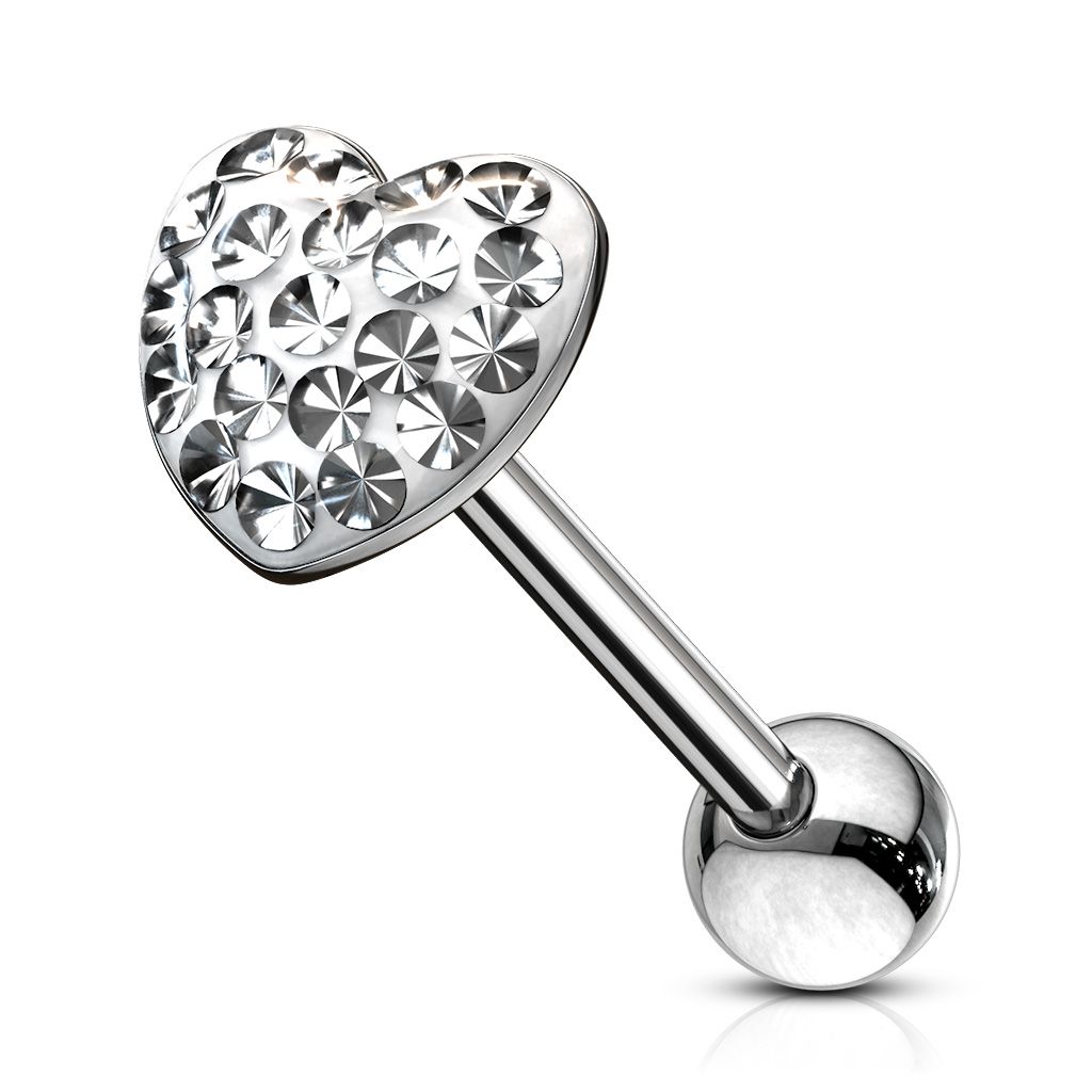Tongue barbell with studded heart-shaped top