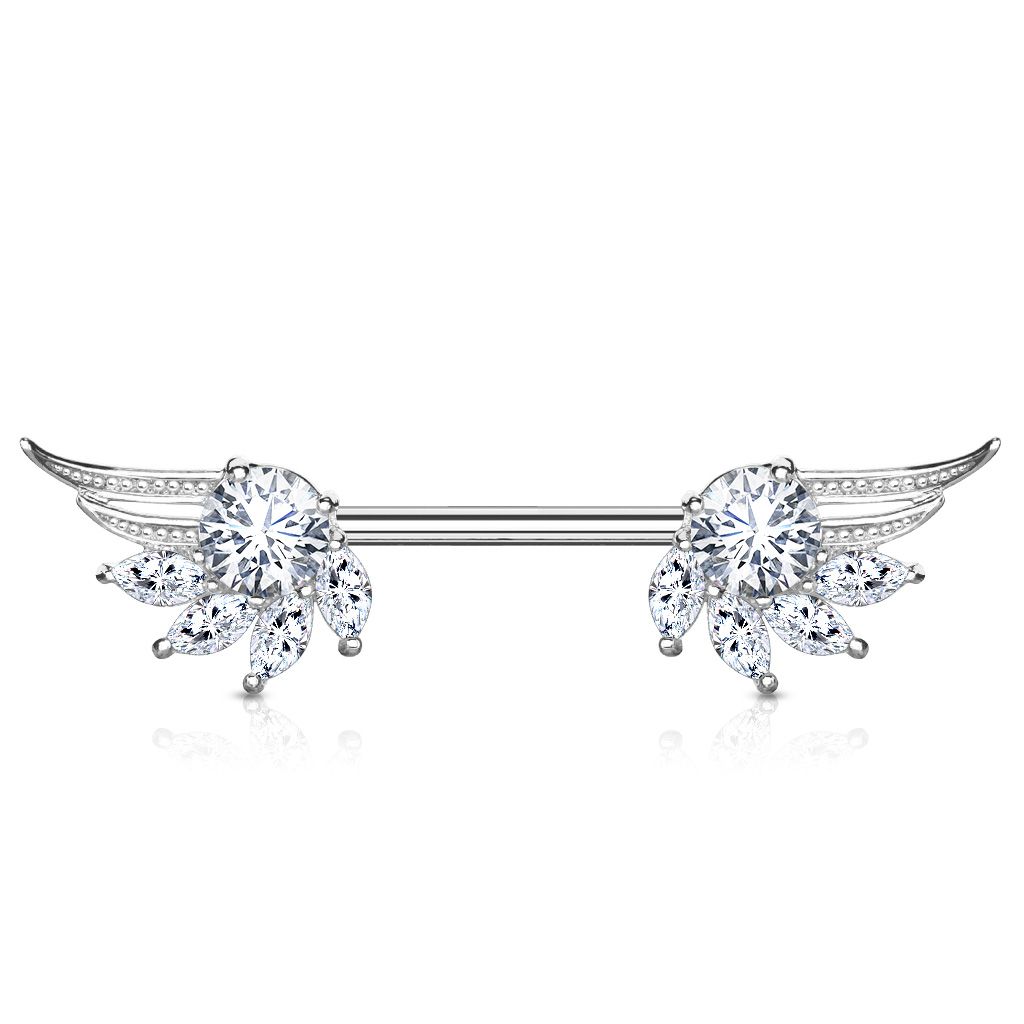 Nipple barbell with angel wings and marquise shaped stones