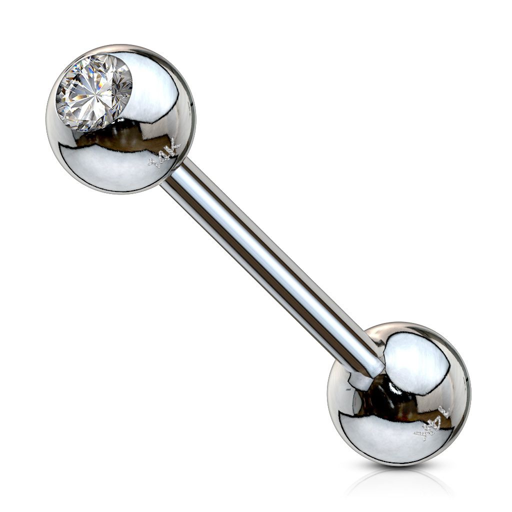 Tongue barbell made of 14k gold with clear bezel-set stone