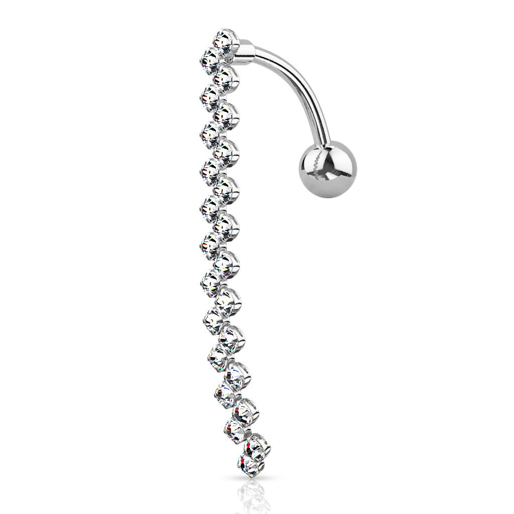 Stainless Steel Dangling Zig-Zag Shaped Belly Ring with Shades of Black Stones 