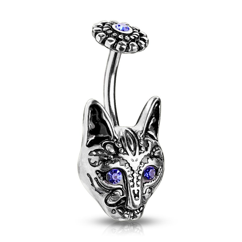 Belly button ring with blue-eyed tribal cat