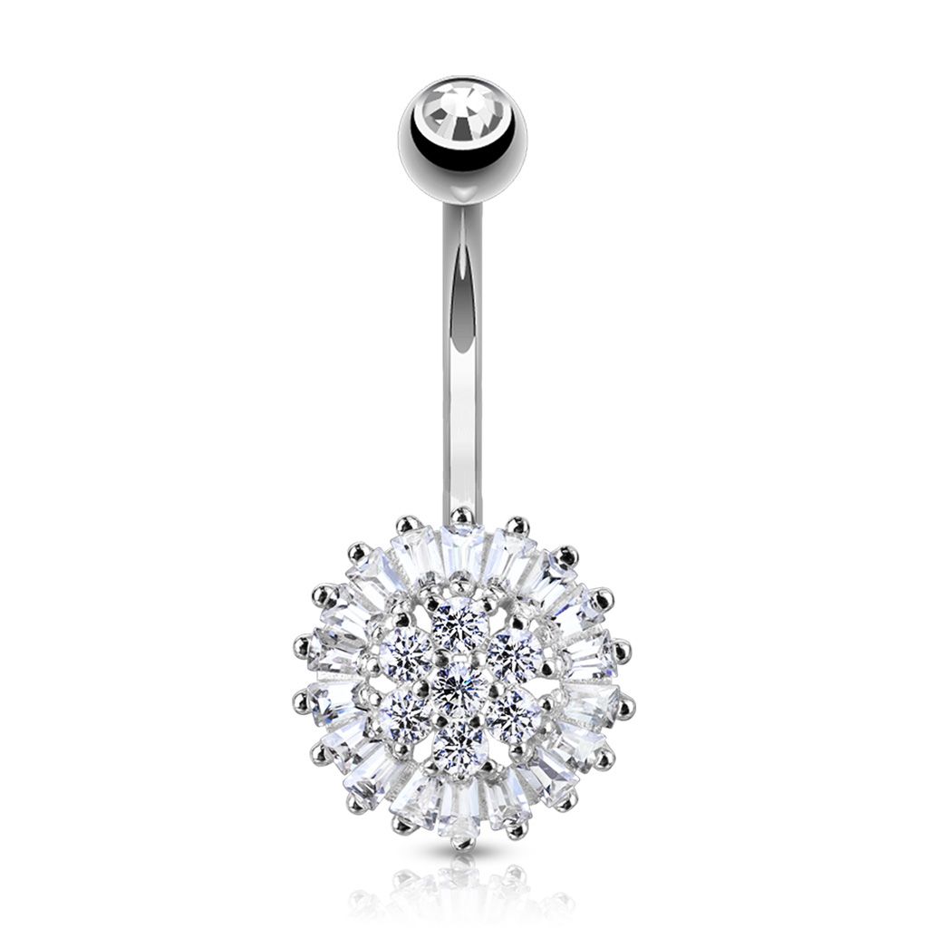 Belly ring made of 14k gold with large studded flower bead