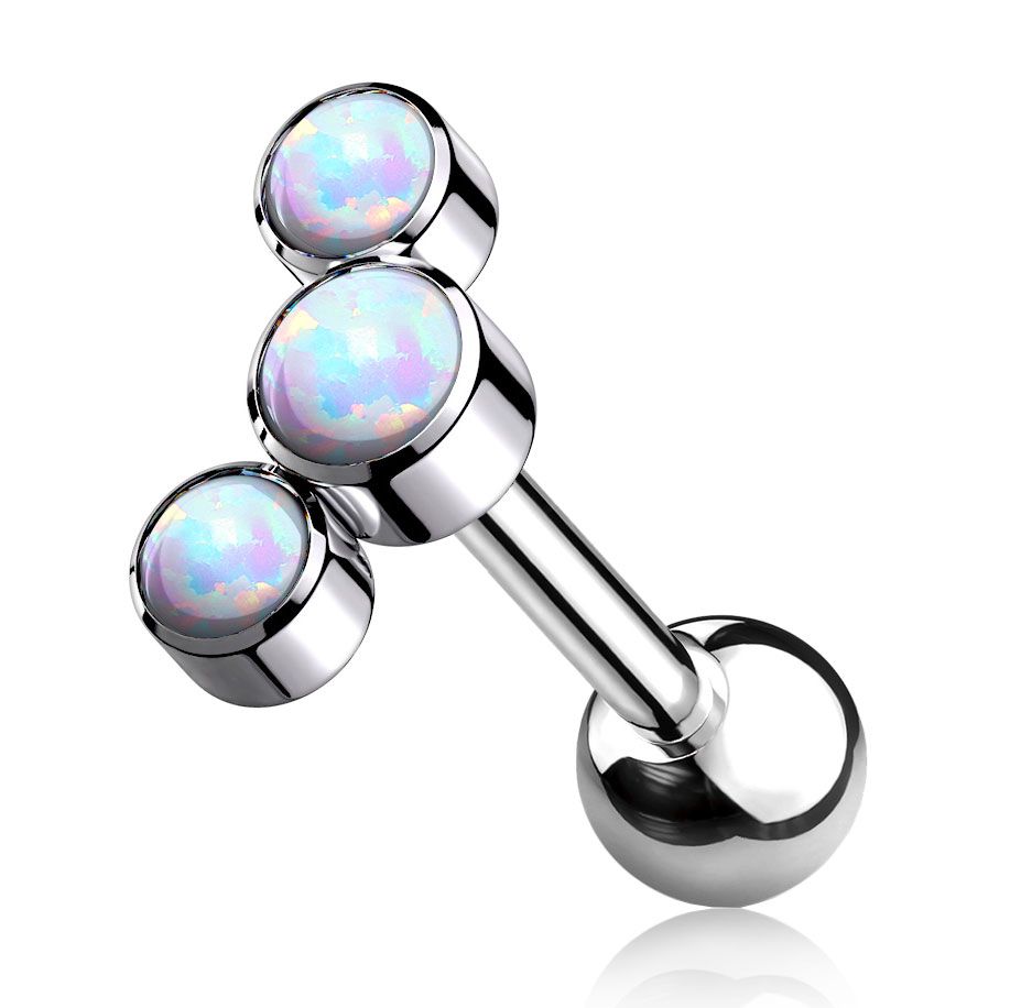 Internally threaded barbell made of titanium with 3 opal stones