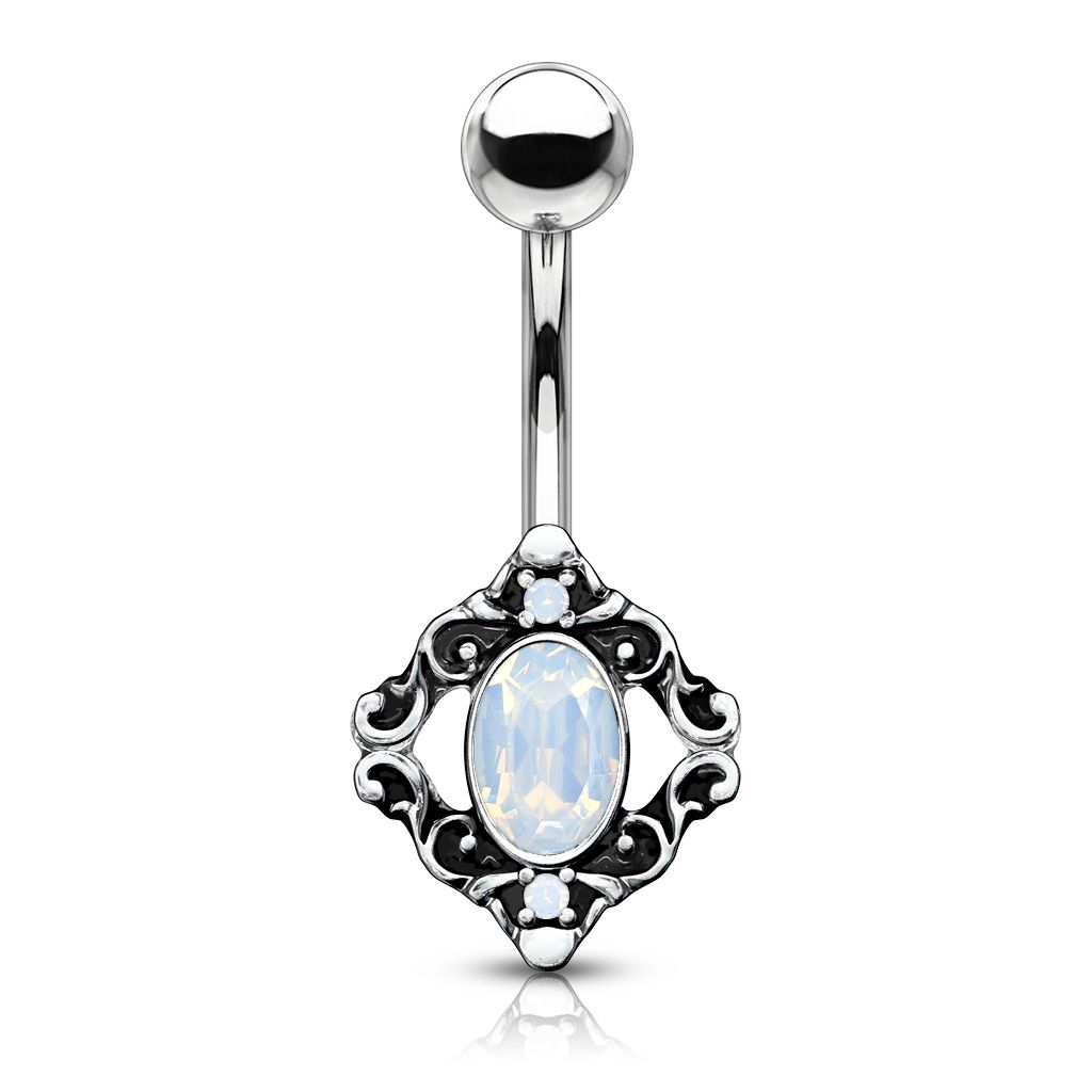 Belly button ring with opalite in filigree square frame