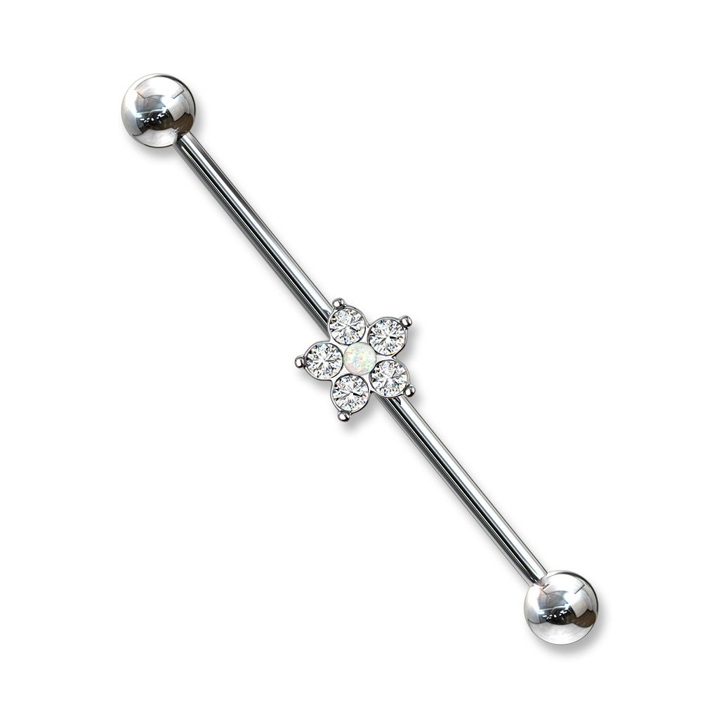 Industrial barbell with flower and opal stone