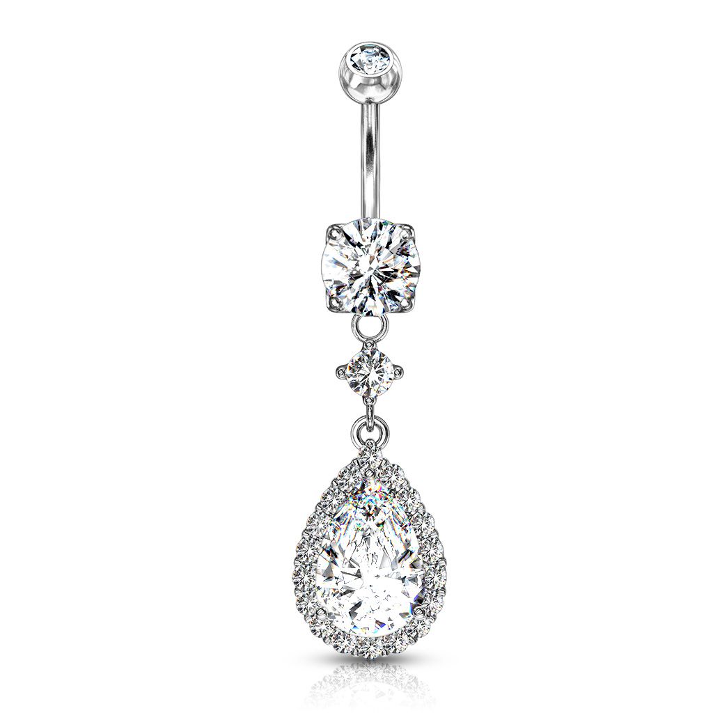 Belly button ring with drop-shaped stone dangle
